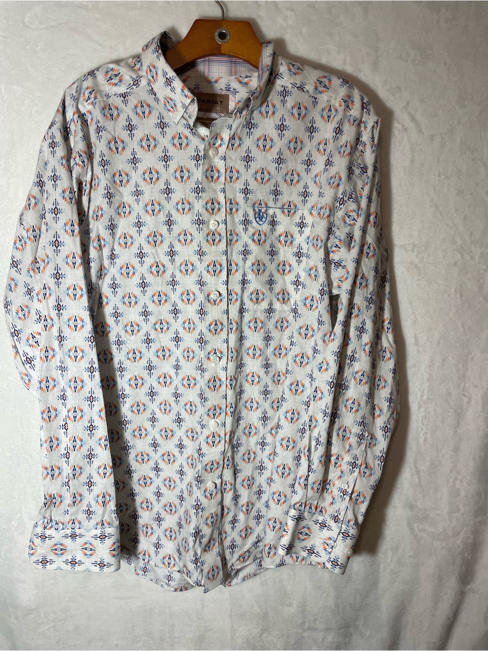 Ariat White Button-Up Shirt with Blue and Orange Geometric Print